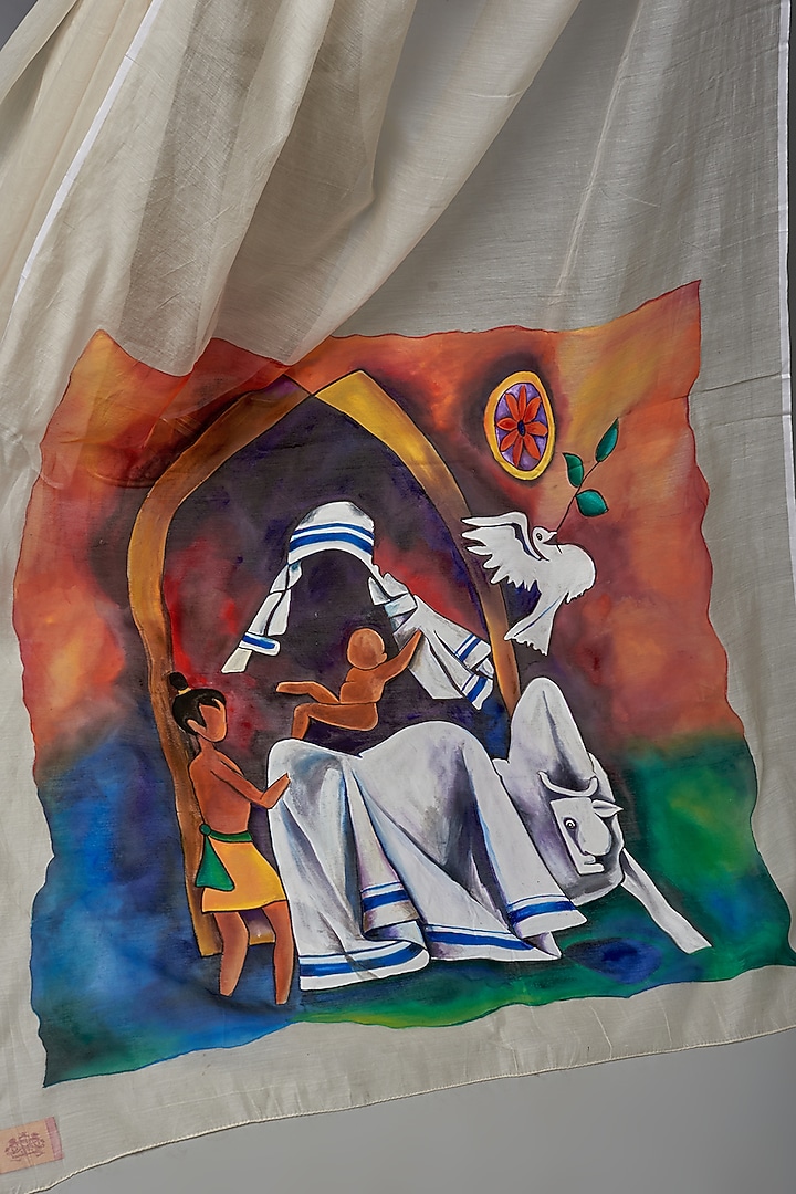 White Chanderi Hand Painted Party Wear Saree by Label GehnaSamah at Pernia's Pop Up Shop