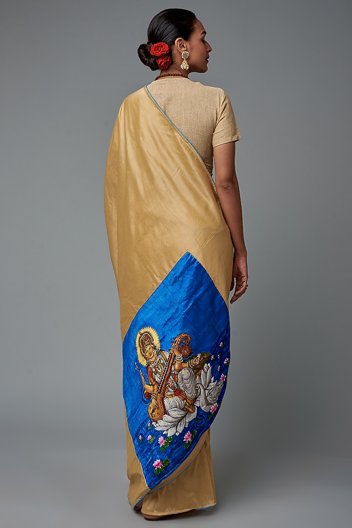 Beige Silk Hand Painted Party Wear Saree by Label GehnaSamah at Pernia's Pop Up Shop
