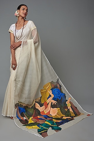 White Chanderi Hand Painted Saree by Label GehnaSamah