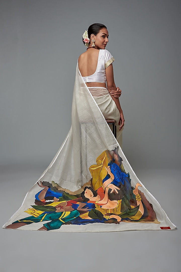 White Chanderi Hand Painted Party Wear Saree by Label GehnaSamah at Pernia's Pop Up Shop