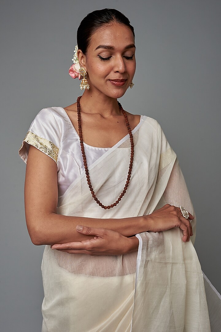 White Chanderi Hand Painted Party Wear Saree by Label GehnaSamah at Pernia's Pop Up Shop