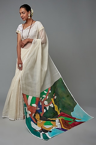 White Chanderi Hand Painted Saree by Label GehnaSamah
