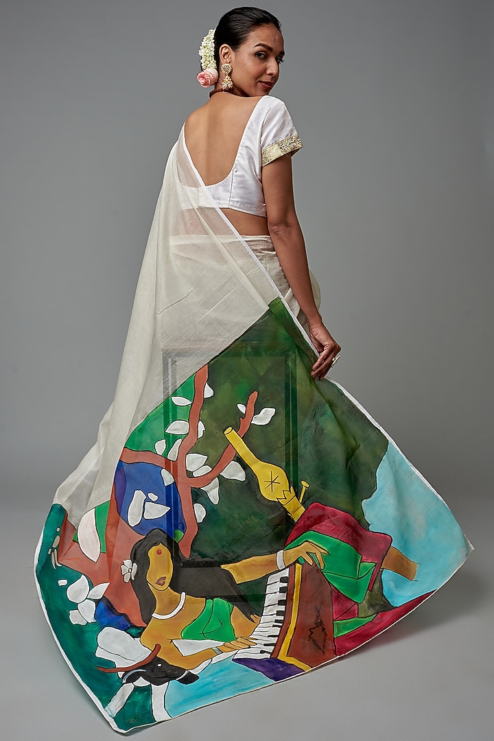White Chanderi Hand Painted Party Wear Saree by Label GehnaSamah at Pernia's Pop Up Shop