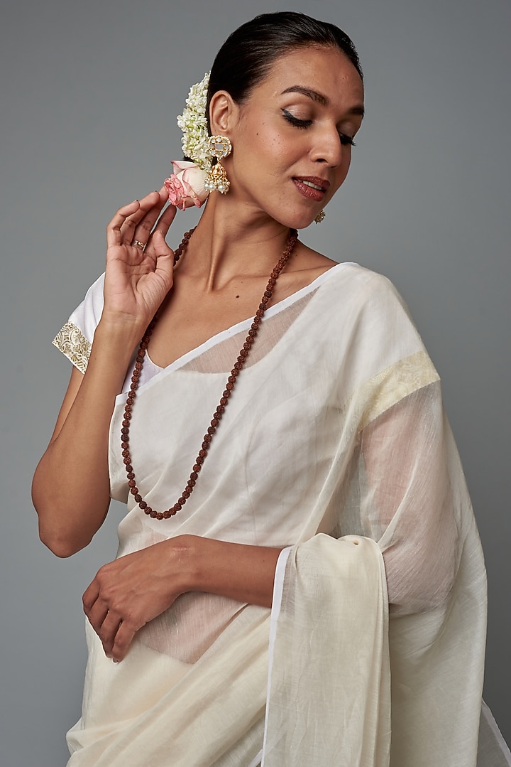 White Chanderi Hand Painted Party Wear Saree by Label GehnaSamah at Pernia's Pop Up Shop