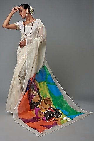 White Chanderi Hand Painted Saree by Label GehnaSamah