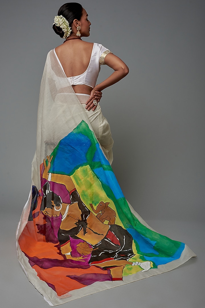 White Chanderi Hand Painted Party Wear Saree by Label GehnaSamah at Pernia's Pop Up Shop