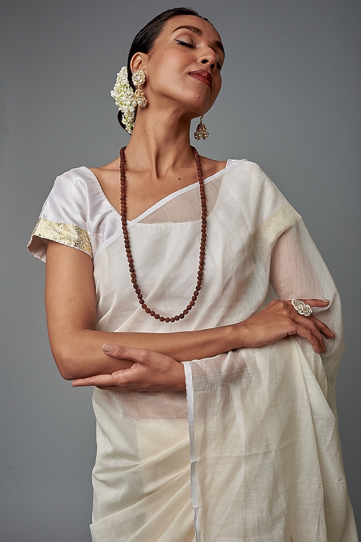 White Chanderi Hand Painted Party Wear Saree by Label GehnaSamah at Pernia's Pop Up Shop