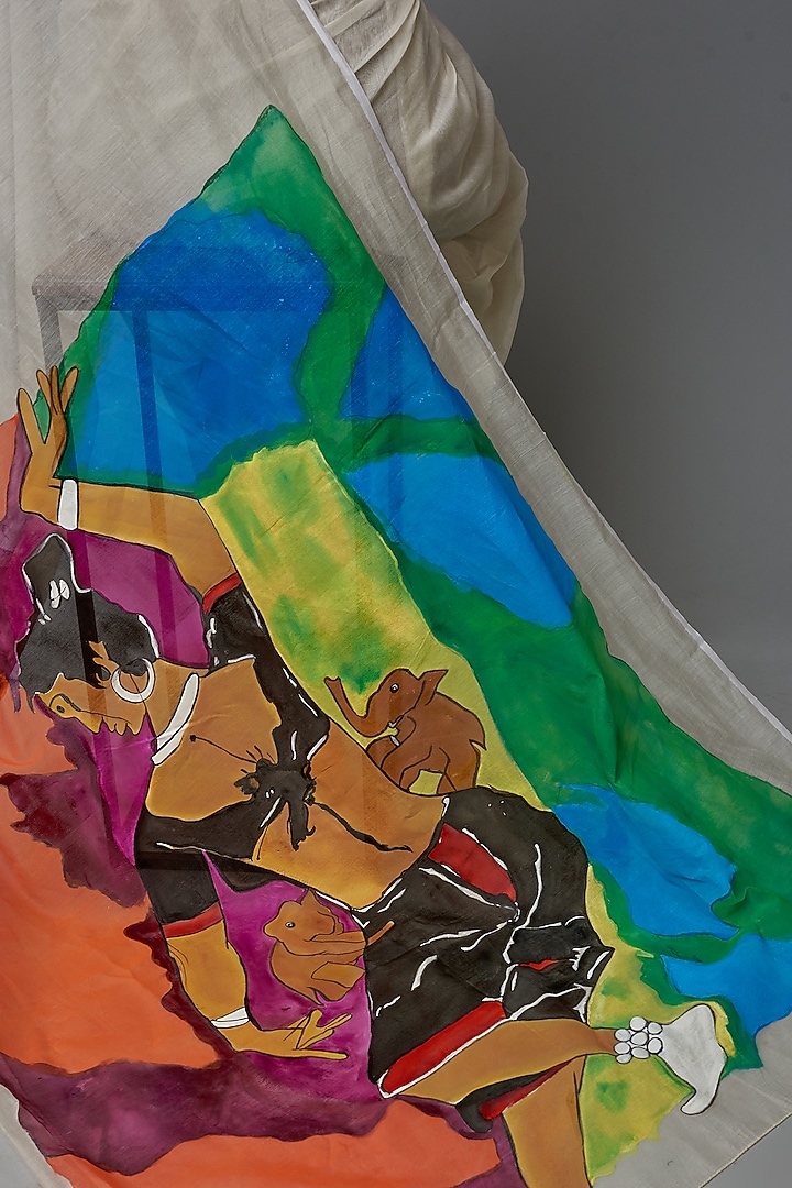 White Chanderi Hand Painted Party Wear Saree by Label GehnaSamah at Pernia's Pop Up Shop