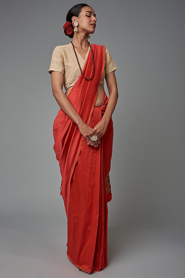 Red Silk Embellished & Hand Painted Saree by Label GehnaSamah