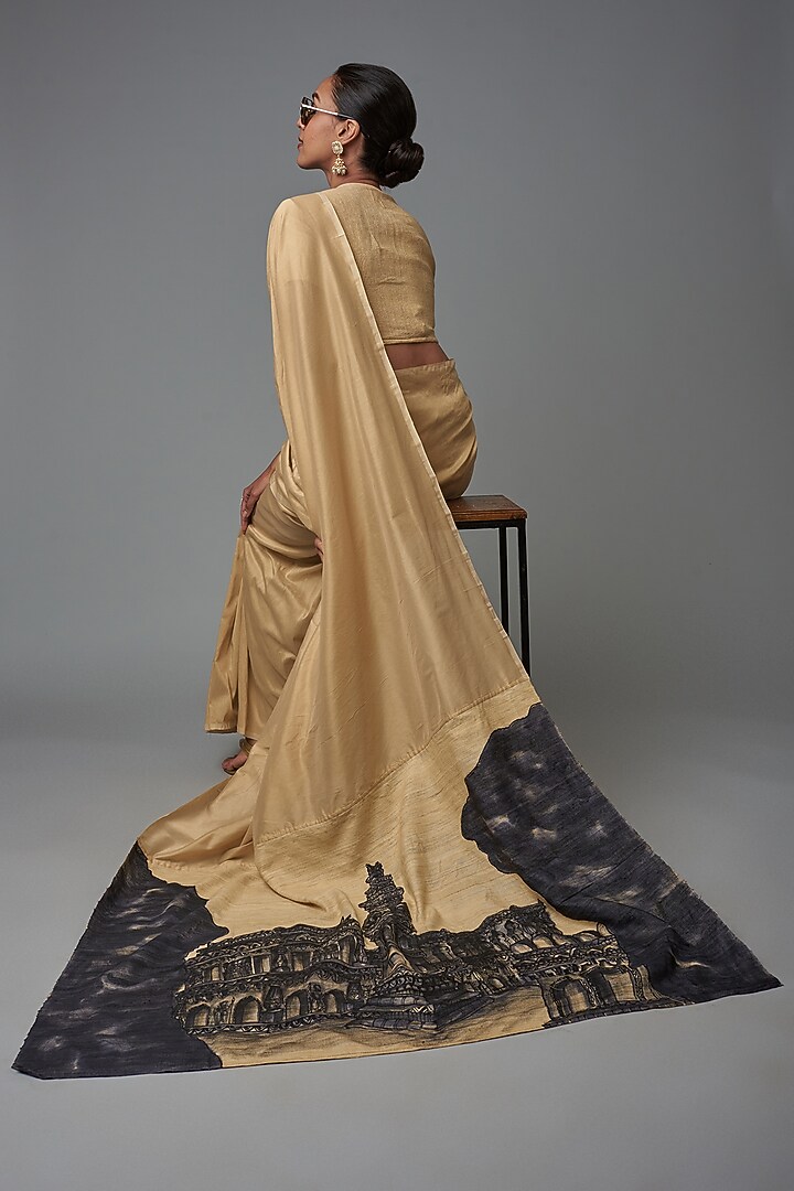 Off-White Silk Hand Painted Party Wear Saree by Label GehnaSamah at Pernia's Pop Up Shop