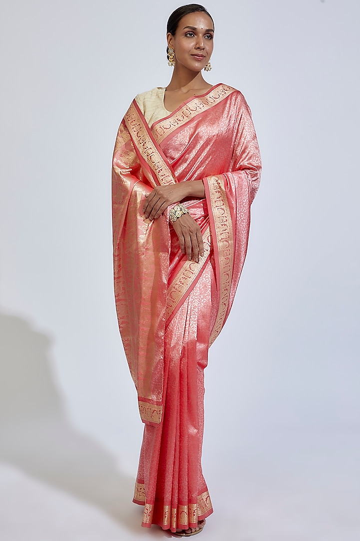 Blush Pink Silk Embroidered Baluchari Saree by Label GehnaSamah