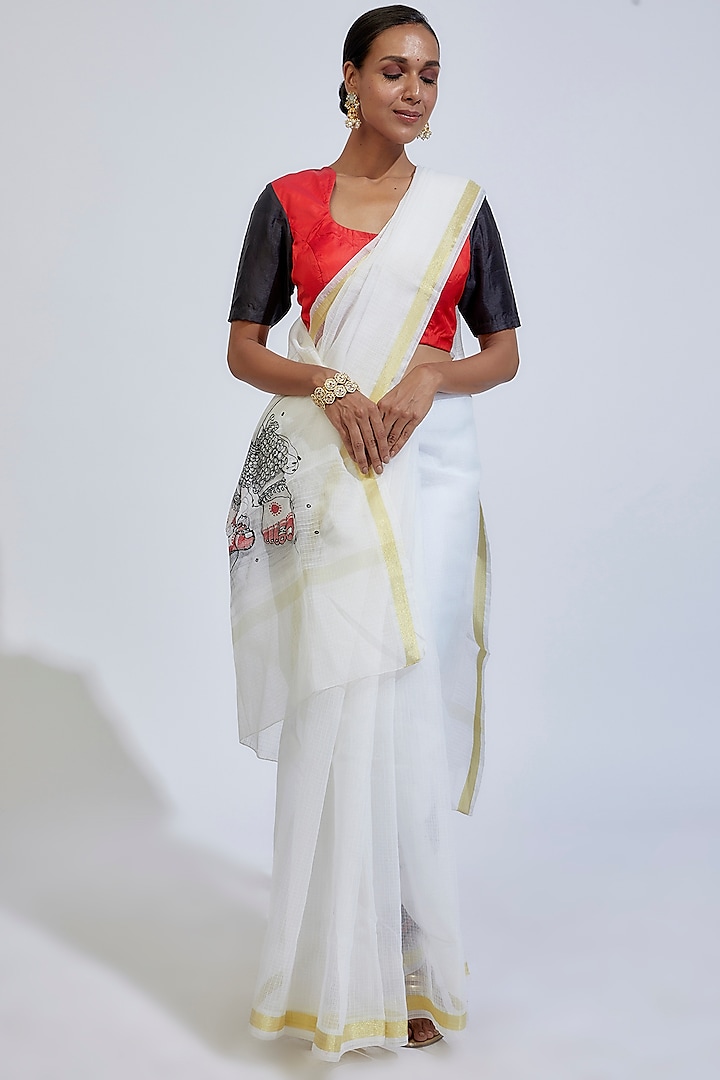 Pristine White Kota Hand Painted Saree by Label GehnaSamah at Pernia's Pop Up Shop