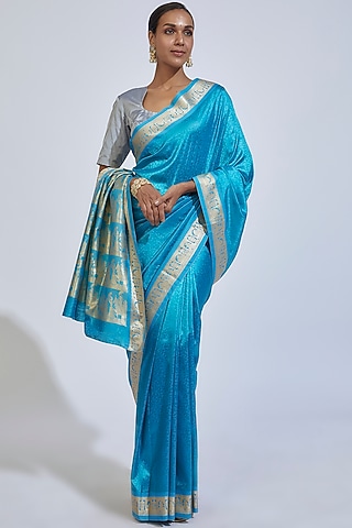 Sea Blue Silk Baluchari Saree by Label GehnaSamah