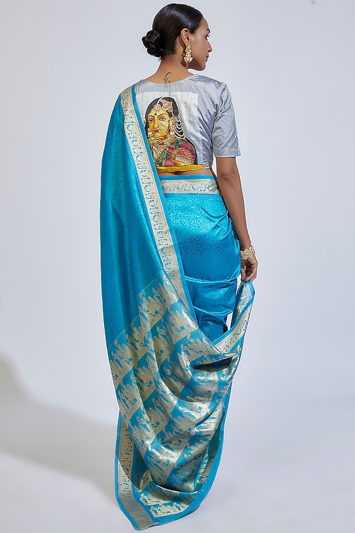 Sea Blue Silk Baluchari Party Wear Saree by Label GehnaSamah at Pernia's Pop Up Shop