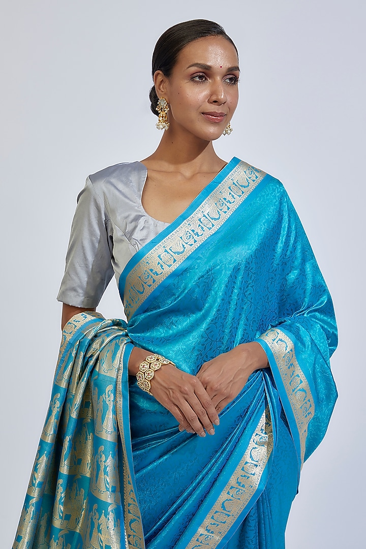 Sea Blue Silk Baluchari Party Wear Saree by Label GehnaSamah at Pernia's Pop Up Shop