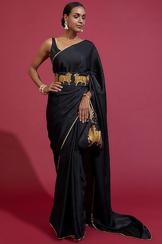 Black & Gold Silk Saree Set by Label GehnaSamah