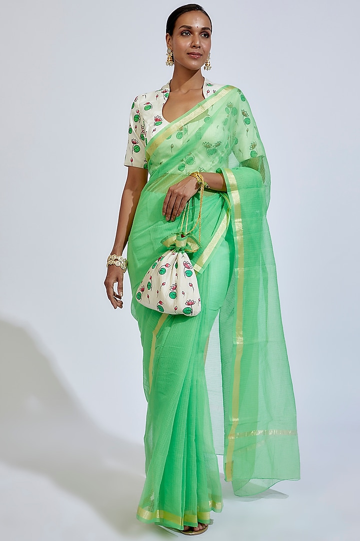 Parrot Green Kota Saree Set by Label GehnaSamah at Pernia's Pop Up Shop