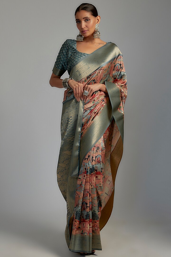 Multi-Colored Silk Printed Saree Set by Label GehnaSamah at Pernia's Pop Up Shop