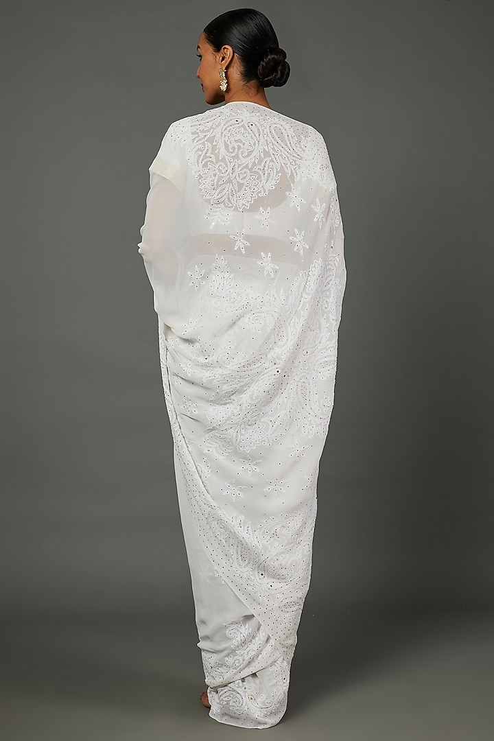 Pristine White Georgette Embroidered Lucknowi Party Wear Saree by Label GehnaSamah at Pernia's Pop Up Shop