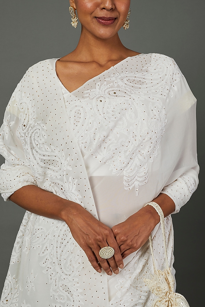 Pristine White Georgette Embroidered Lucknowi Party Wear Saree by Label GehnaSamah at Pernia's Pop Up Shop