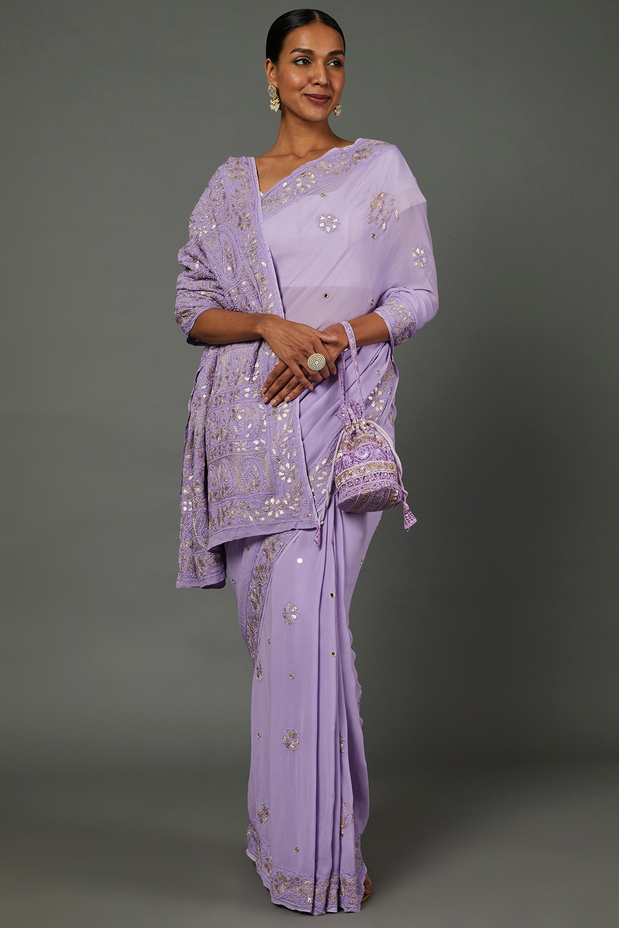 Buy Lavender Lucknowi Saree online - Uttariya