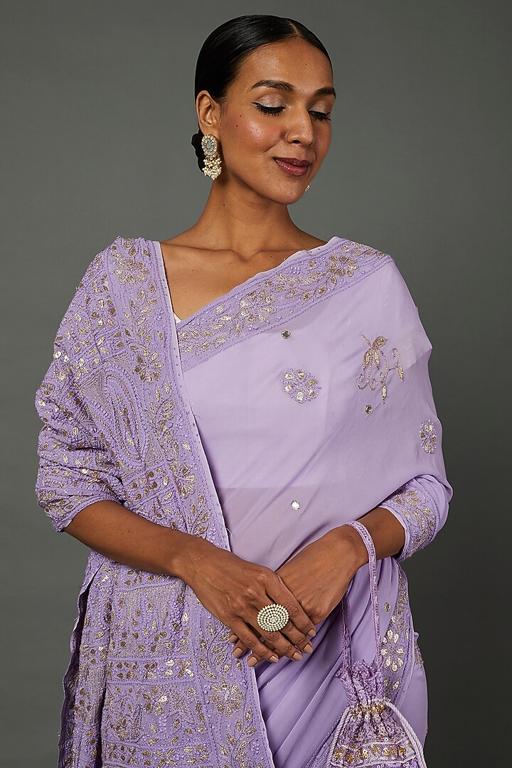 Mauve Georgette Gota Embroidered Lucknowi Party Wear Saree Set by Label GehnaSamah at Pernia's Pop Up Shop