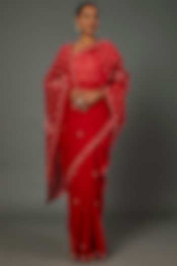 Red Viscose Georgette Chikankari Lucknowi Saree Set by Label GehnaSamah