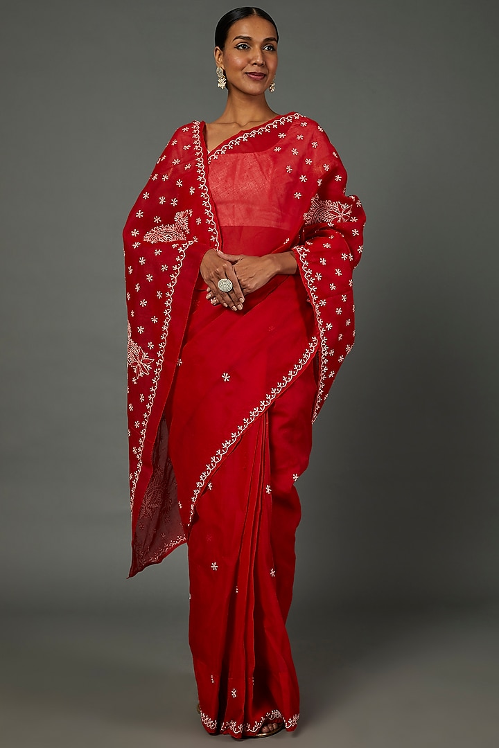 Red Viscose Georgette Chikankari Lucknowi Saree Set by Label GehnaSamah