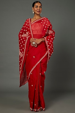 Red Viscose Georgette Chikankari Lucknowi Saree Set by Label GehnaSamah