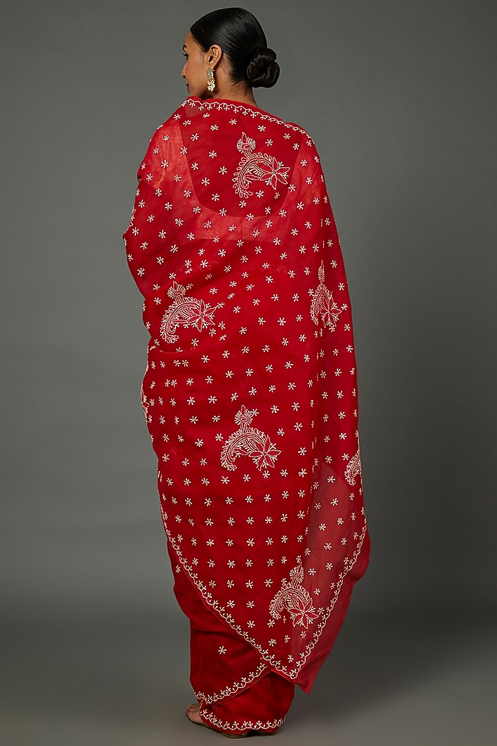 Red Viscose Georgette Chikankari Lucknowi Festive Saree Set by Label GehnaSamah at Pernia's Pop Up Shop