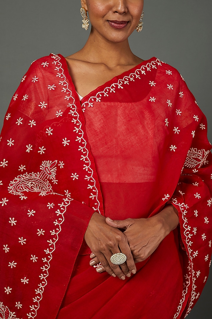 Red Viscose Georgette Chikankari Lucknowi Festive Saree Set by Label GehnaSamah at Pernia's Pop Up Shop