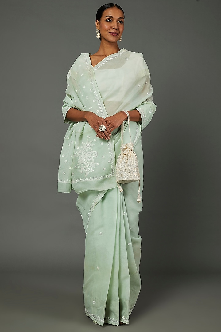 Mint Green Cotton Lucknowi Saree Set by Label GehnaSamah