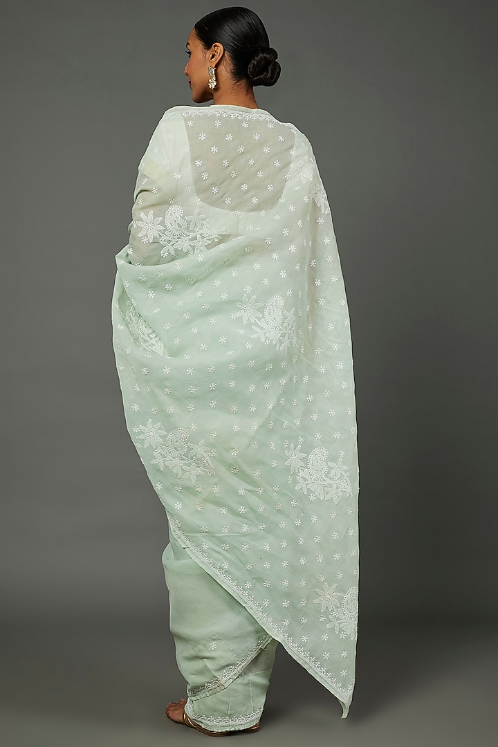 Mint Green Cotton Lucknowi Festive Saree Set by Label GehnaSamah at Pernia's Pop Up Shop