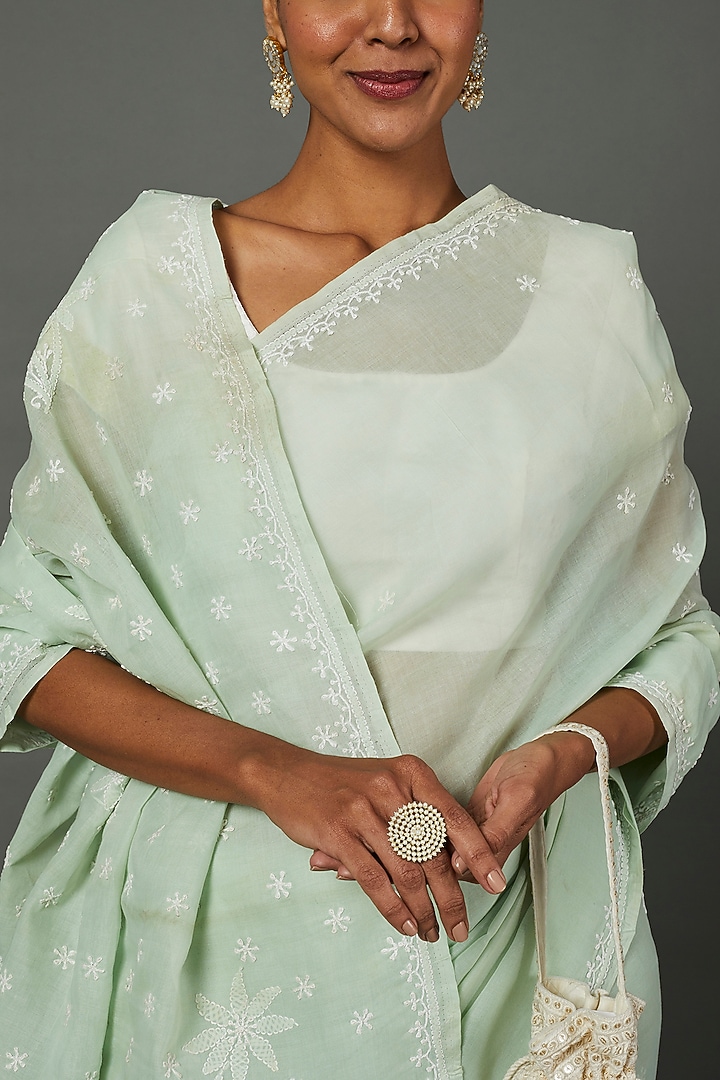 Mint Green Cotton Lucknowi Festive Saree Set by Label GehnaSamah at Pernia's Pop Up Shop