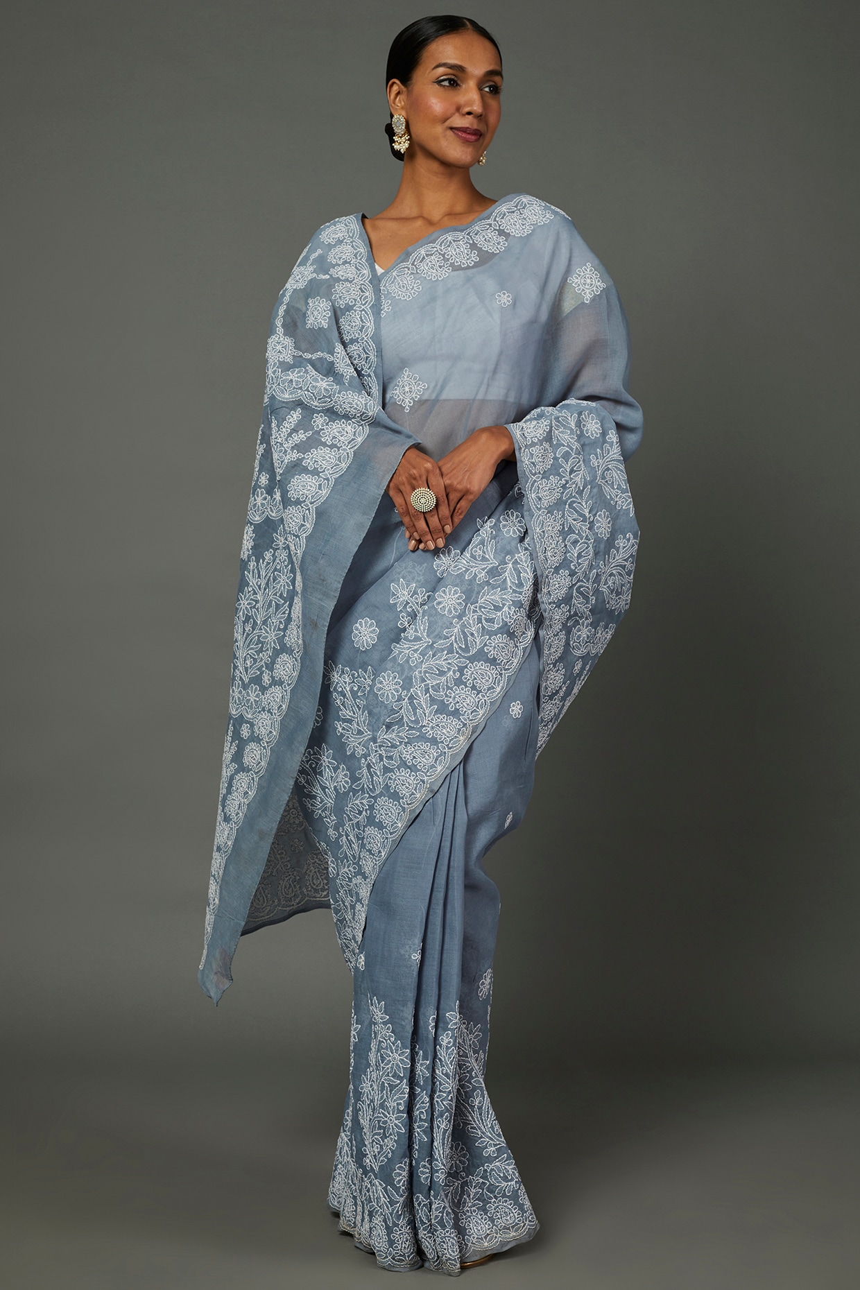 Buy Sky Blue Color Hand Embroidered Lucknowi Chikankari Saree (With Blouse  - Georgette) MC252403 | www.maanacreation.com