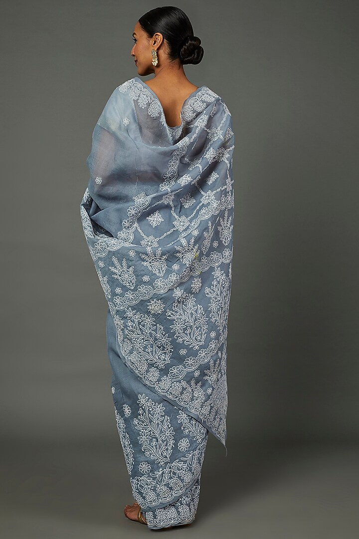 Grey Cotton Chikankari Lucknowi Festive Saree Set by Label GehnaSamah at Pernia's Pop Up Shop