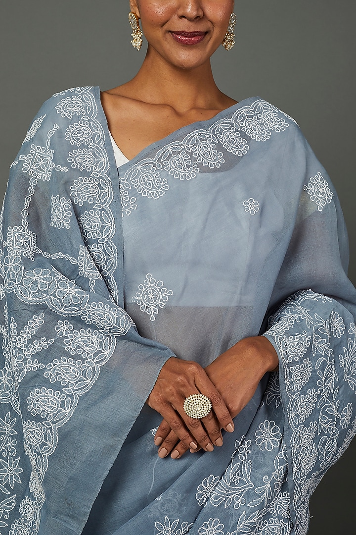 Grey Cotton Chikankari Lucknowi Festive Saree Set by Label GehnaSamah at Pernia's Pop Up Shop