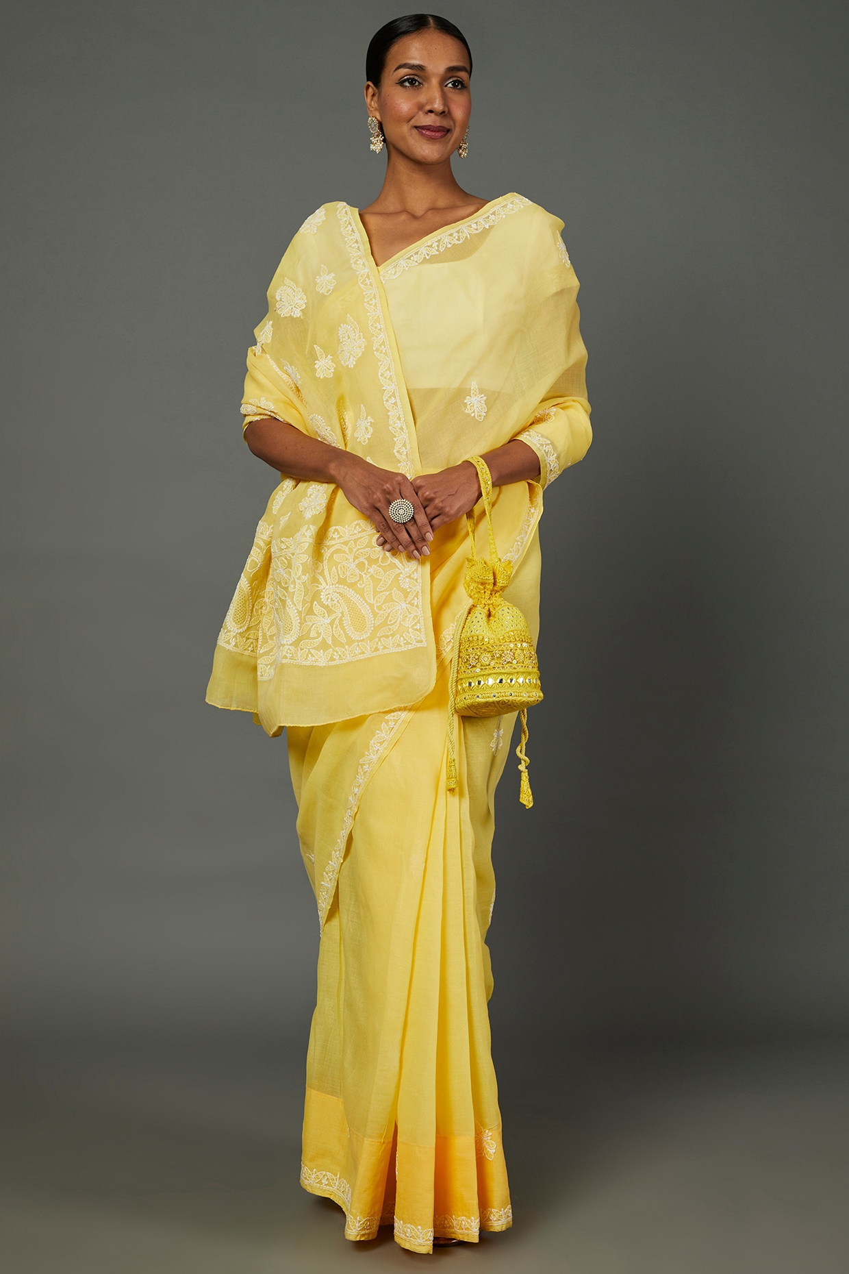 Lemon Yellow Lucknowi Chikankari Cotton Saree - Urban Womania