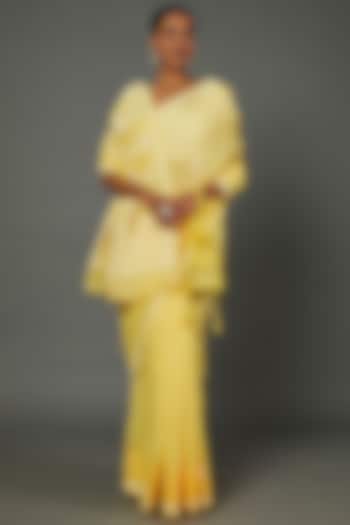 Yellow Cotton Chikankari Embroidered Lucknowi Saree Set by Label GehnaSamah