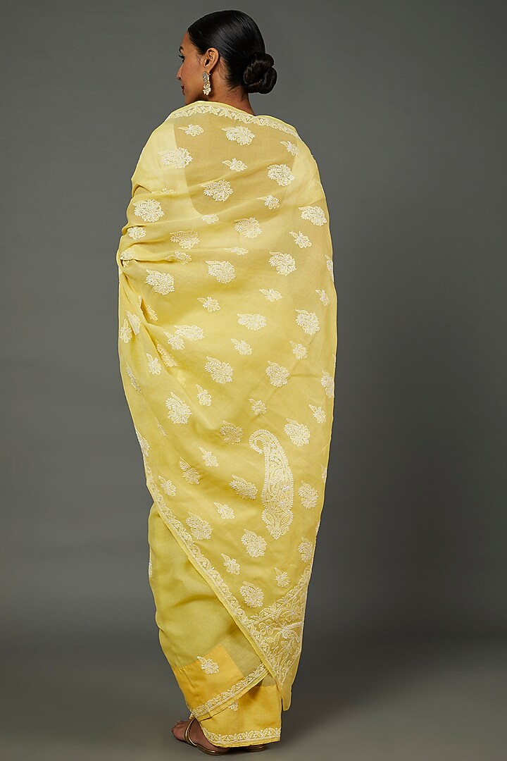 Yellow Cotton Chikankari Embroidered Lucknowi Festive Saree Set by Label GehnaSamah at Pernia's Pop Up Shop