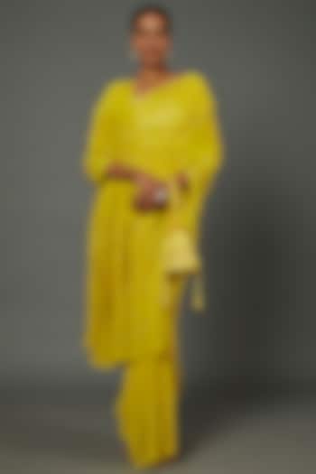 Chartreuse Viscose Georgette Lucknowi Saree Set by Label GehnaSamah