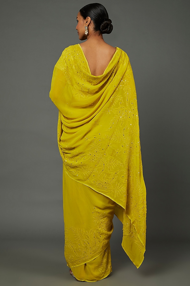 Chartreuse Viscose Georgette Lucknowi Party Wear Saree Set by Label GehnaSamah at Pernia's Pop Up Shop