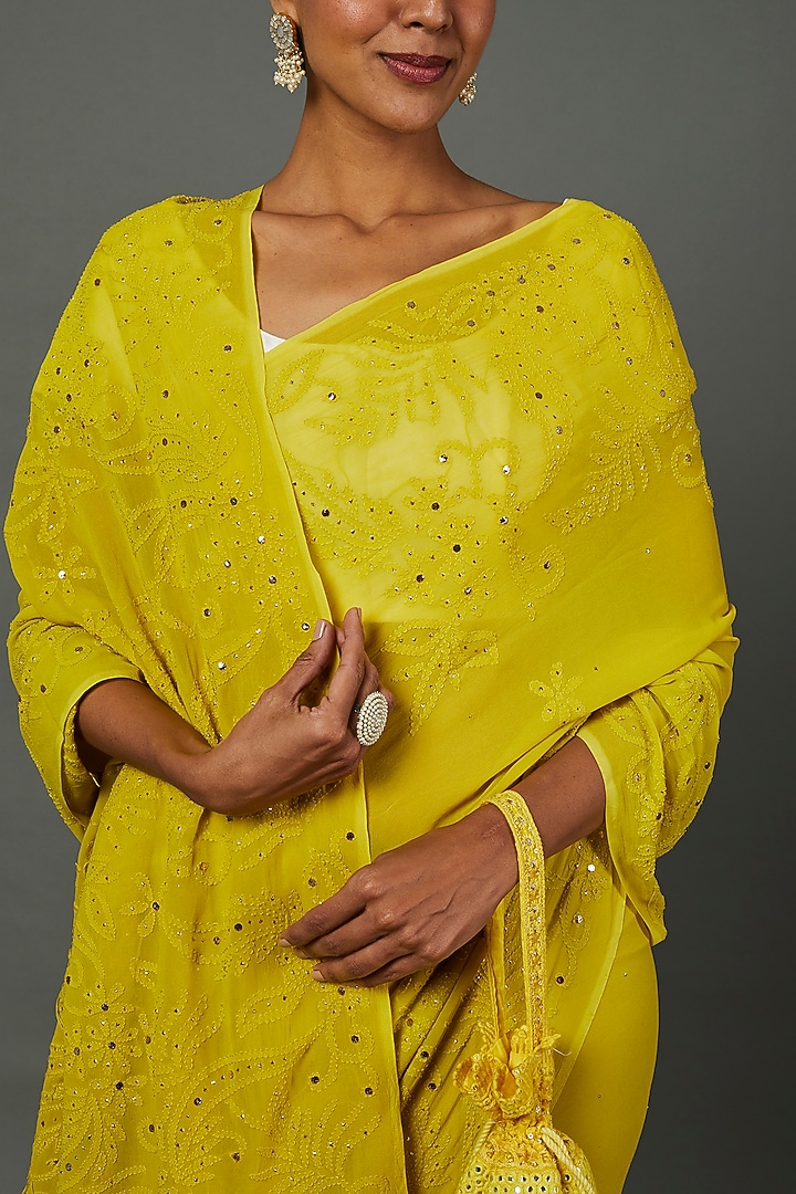 Chartreuse Viscose Georgette Lucknowi Party Wear Saree Set by Label GehnaSamah at Pernia's Pop Up Shop