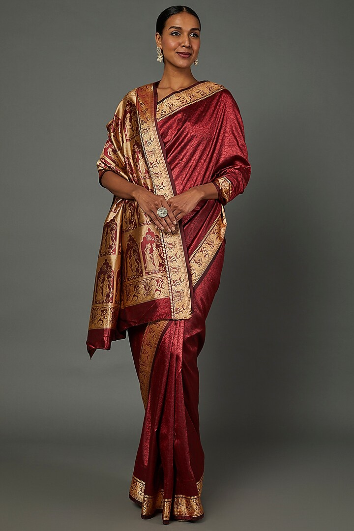 Maroon Ghicha Silk Weaved Saree Set by Label GehnaSamah