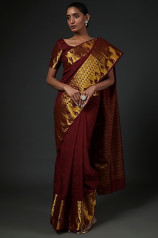 Maroon Cotton Saree Set by Label GehnaSamah