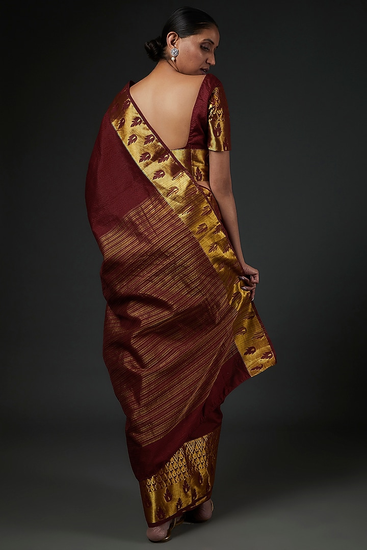 Maroon Cotton Party Wear Saree Set by Label GehnaSamah at Pernia's Pop Up Shop