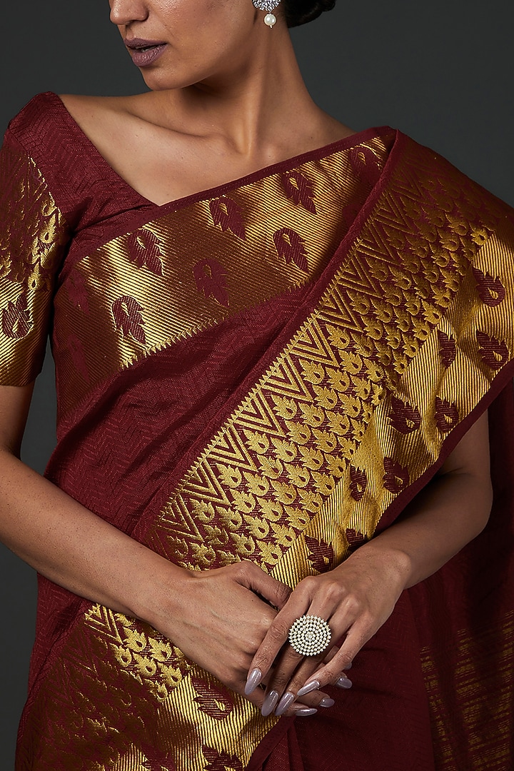 Maroon Cotton Party Wear Saree Set by Label GehnaSamah at Pernia's Pop Up Shop