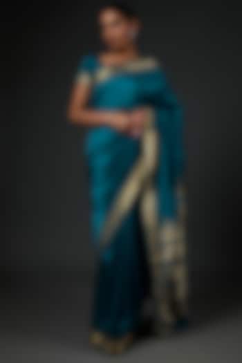 Teal Blue Ghicha Silk Woven Saree Set by Label GehnaSamah