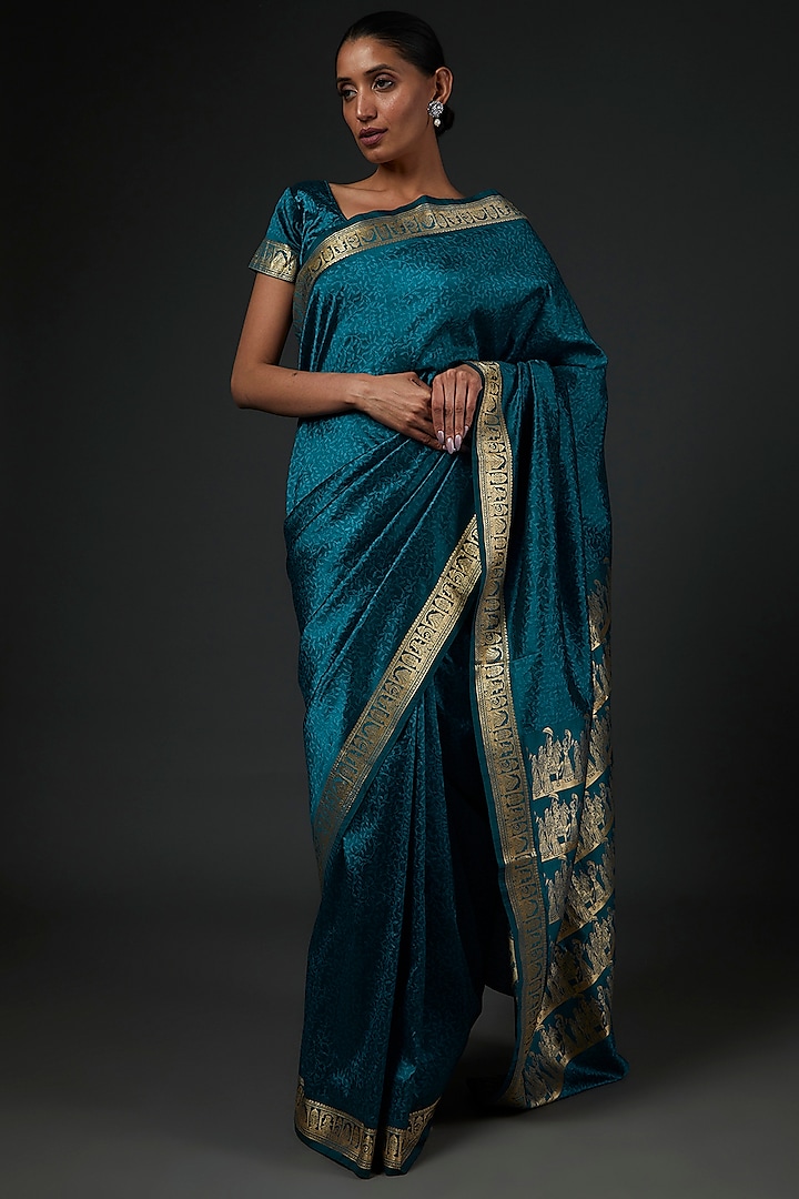 Teal Blue Ghicha Silk Woven Saree Set by Label GehnaSamah
