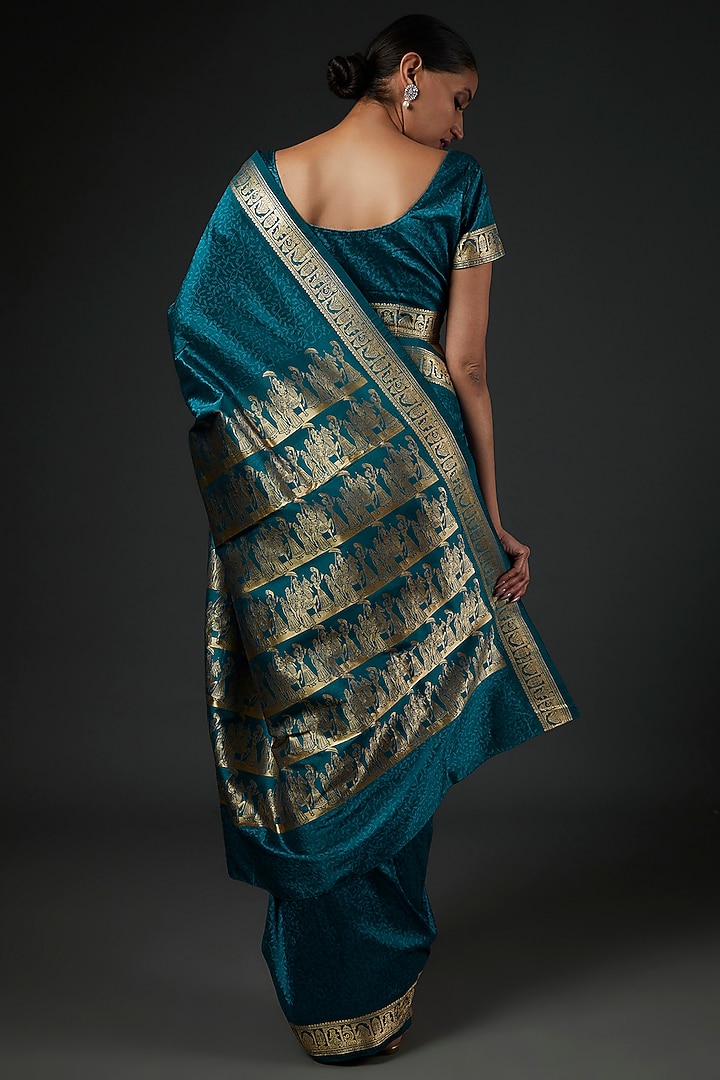 Teal Blue Ghicha Silk Woven Party Wear Saree Set by Label GehnaSamah at Pernia's Pop Up Shop
